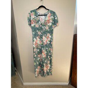 Xhilaration Womens Floral Button Jumpsuit M Viscose Green v-neck short sleeve